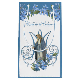 Vintage Virgin Mary Catholic Blue Floral Small Gift Bag