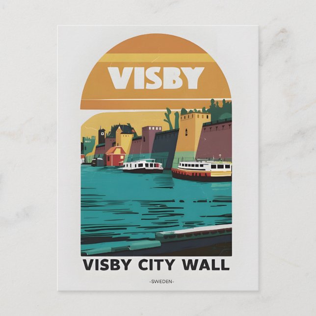 Vintage Visby City Wall Postcard – Retro Swedish C (Front)