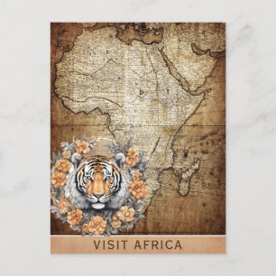 Vintage Visit Africa Map Tiger Floral Travel Postcard