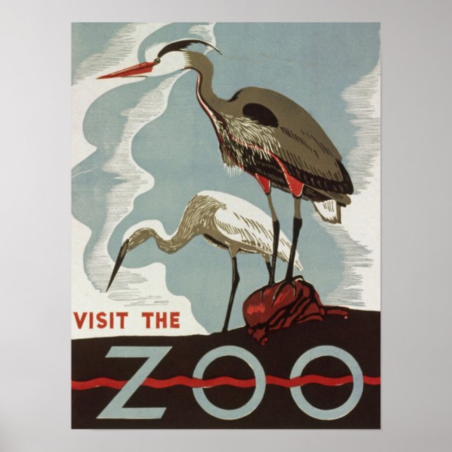 Vintage visit the zoo poster with bird crane (Front)