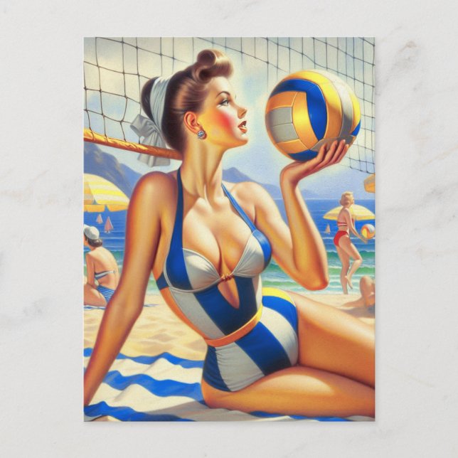 Vintage Volley Girl Illustration Postcard (Front)
