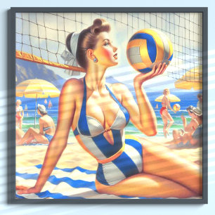 Vintage Volley Girl Illustration Poster
