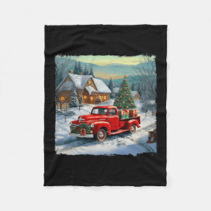 Vintage Wagon Red Truck Merry Christmas Tree Snow  Fleece Blanket