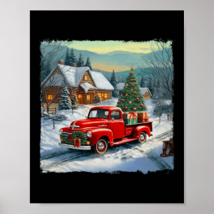 Vintage Wagon Red Truck Merry Christmas Tree Snow Poster