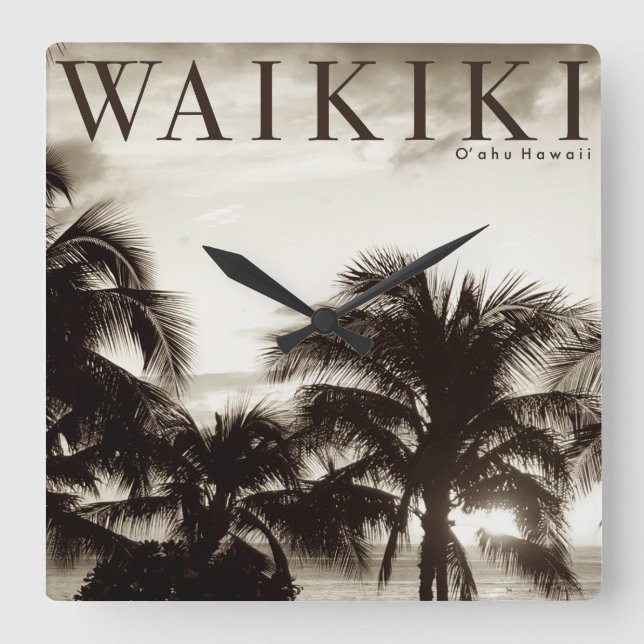 Vintage Waikiki Hawaiian Palm Square Wall Clock (Front)