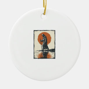 Vintage Walking Figure Sunset Reflection Vector Ar Ceramic Ornament