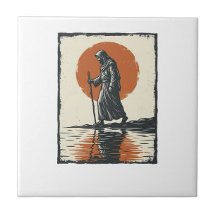 Vintage Walking Figure Sunset Reflection Vector Ar Ceramic Tile