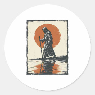 Vintage Walking Figure Sunset Reflection Vector Ar Classic Round Sticker