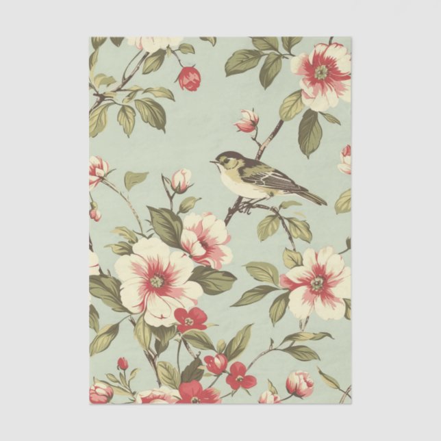 Vintage Wallpaper inspired Pretty Bird & Flowers Tissue Paper (Front)