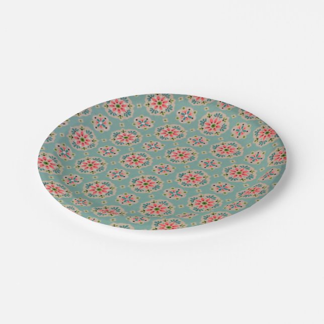 Vintage wallpaper paper plates pink and aqua (Angled)