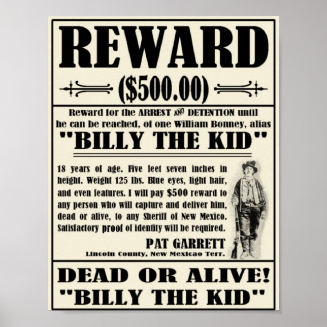 Vintage Wanted Poster Billy the Kid (Front)