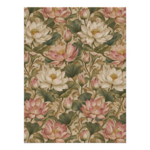 Vintage Water Lotus Botanical Floral Pattern Poster
