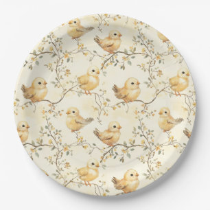 Vintage Watercolor Baby Chicks & Floral Spring Paper Plate