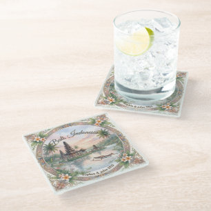 Vintage Watercolor Bali Indonesia Travel Custom Glass Coaster