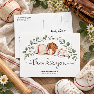 Vintage Watercolor Baseball First Birthday Holiday Postcard