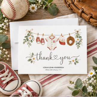 Vintage Watercolor Baseball First Birthday Thank You Card