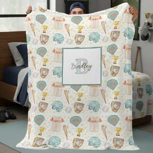 Vintage Watercolor Baseball Pattern Monogram Name Fleece Blanket