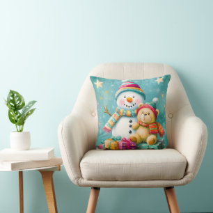 Vintage Watercolor Bear Snowman Christmas Joy Cushion