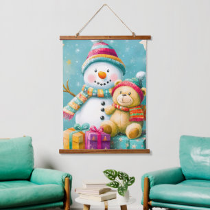 Vintage Watercolor Bear Snowman Christmas Joy Hanging Tapestry