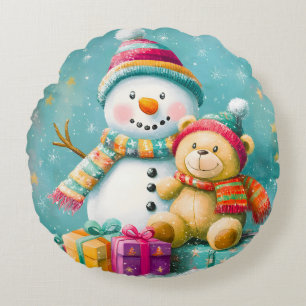 Vintage Watercolor Bear Snowman Christmas Joy Round Cushion