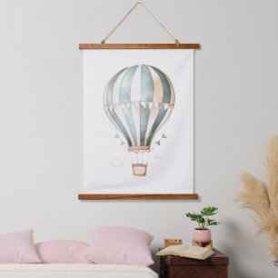 Vintage Watercolor Blue and Cream Hot Air Balloon Hanging Tapestry