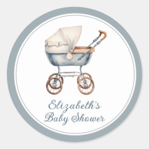 Vintage Watercolor Blue Baby Carriage Personalized Classic Round Sticker