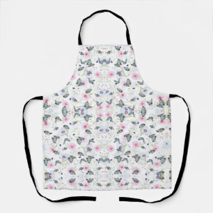 Vintage Watercolor Blue Butterfly & Pink Floral Apron