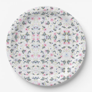 Vintage Watercolor Blue Butterfly & Pink Floral Paper Plate
