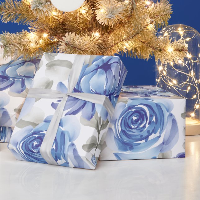 Vintage watercolor blue floral pattern wrapping paper (Holidays)