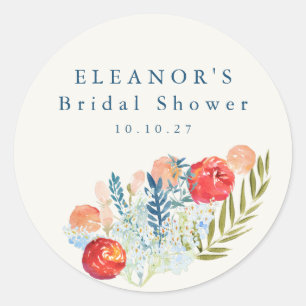 Vintage Watercolor Blue Red Floral Bridal Shower Classic Round Sticker