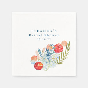 Vintage Watercolor Blue Red Floral Bridal Shower Napkin