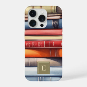 Vintage Watercolor Bookstack Monogram iPhone 15 Pro Case