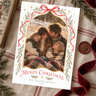 Vintage Watercolor Bow Christmas Whimsical Photo Holiday Card
