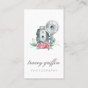 Vintage Watercolor Camera and Flowers Business Card