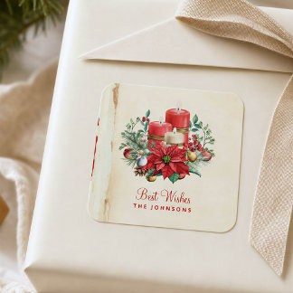 Vintage Watercolor Candles & Poinsettia Square Sticker