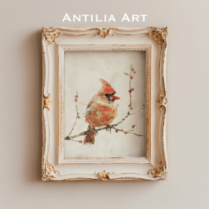 Vintage Watercolor Cardinal on Branch Poster