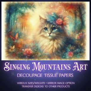 Vintage Watercolor Cat with Botanicals Decoupage  Tissue Paper