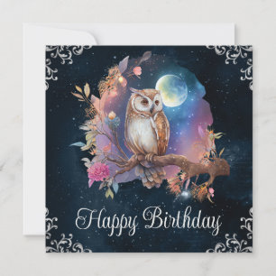 Vintage Watercolor Celestial Fantasy Owl Birthday Card