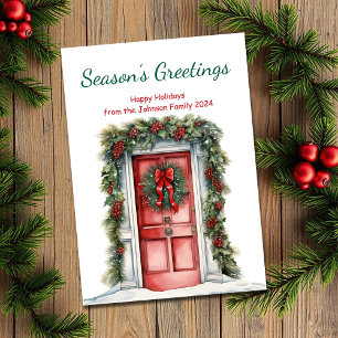 Vintage Watercolor Christmas Door Seasons Greeting Holiday Card