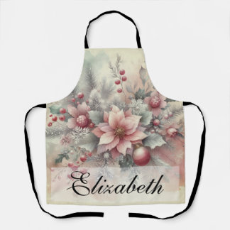 Vintage Watercolor Christmas Floral and Ornaments Apron