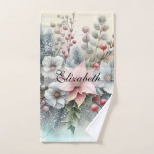 Vintage Watercolor Christmas Floral and Ornaments Bath Towel Set