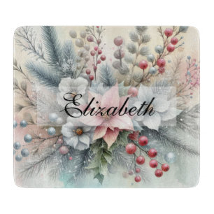 Vintage Watercolor Christmas Floral and Ornaments Cutting Board