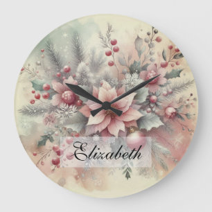 Vintage Watercolor Christmas Floral and Ornaments Large Clock