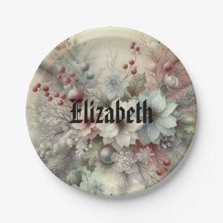 Vintage Watercolor Christmas Floral and Ornaments Paper Plate