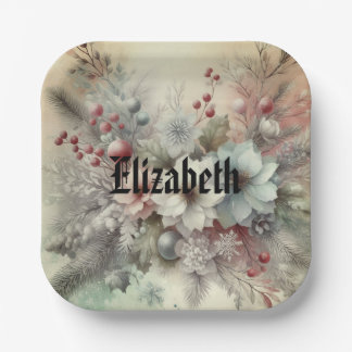 Vintage Watercolor Christmas Floral and Ornaments Paper Plate