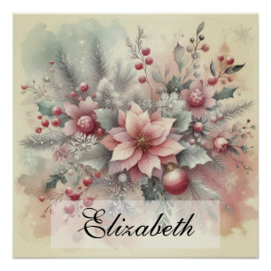 Vintage Watercolor Christmas Floral and Ornaments Poster