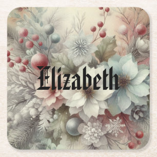 Vintage Watercolor Christmas Floral and Ornaments Square Paper Coaster