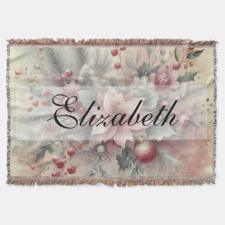 Vintage Watercolor Christmas Floral and Ornaments Throw Blanket