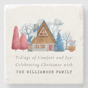 VINTAGE WATERCOLOR CHRISTMAS HOUSE FAMILY MARBLE STONE COASTER