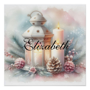 Vintage Watercolor Christmas Lantern and Ornaments Poster